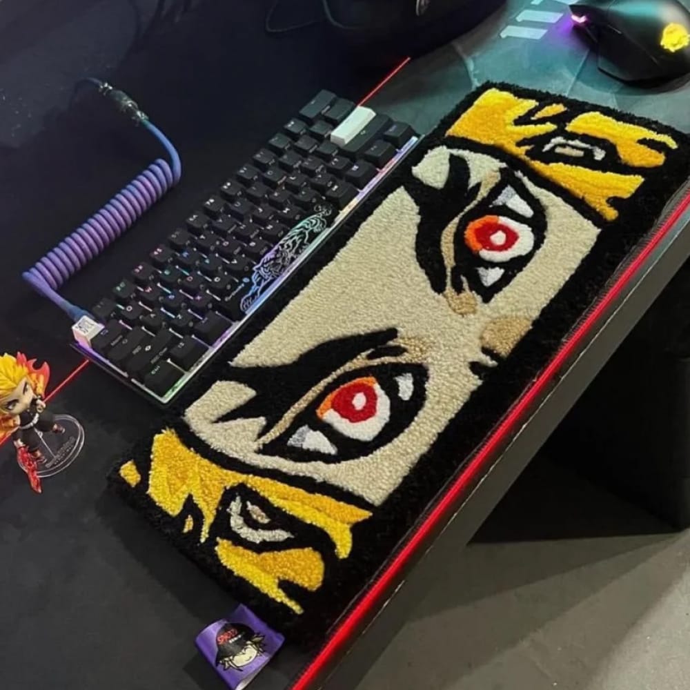 Handmade custom tufted rug designed as a decorative keyboard mat.