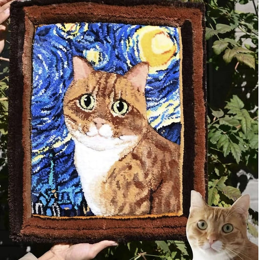 Custom tufted pet tapestry featuring a cat portrait with a Van Gogh 'Starry Night' style background.