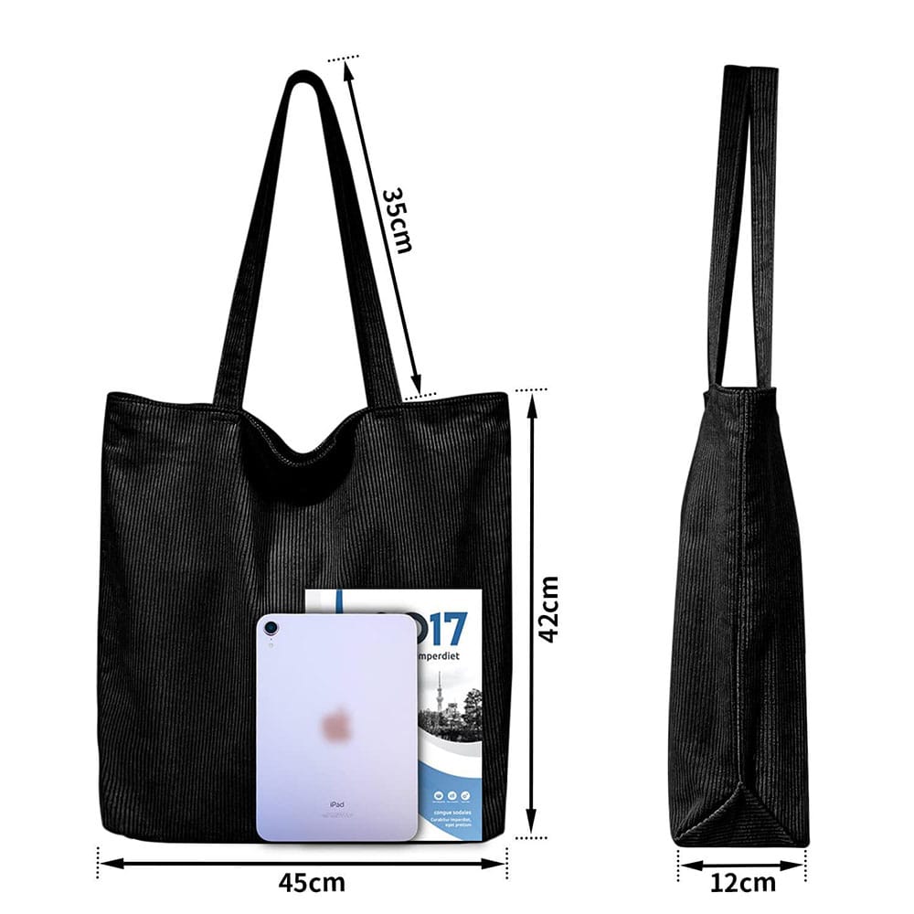 Image showing the dimensions and size specifications for the embroidered pet portrait corduroy bag.
