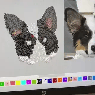 Digital artwork process for creating a custom pet portrait for an embroidered sweatshirt.