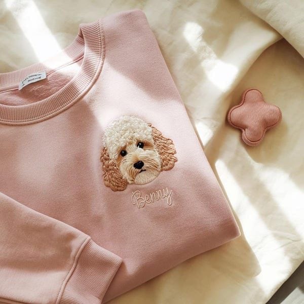 Pink sweatshirt with embroidered dog face and 'Benny' text on a light background