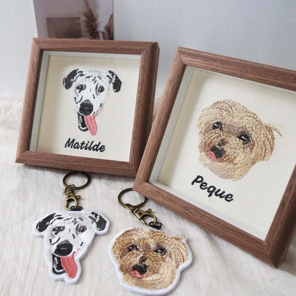 Framed and keychain pet portraits with names.