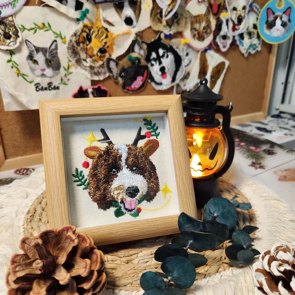 Custom embroidered dog portrait in a frame, capturing the pet’s unique charm with detailed stitching, a heartfelt keepsake for pet owners.