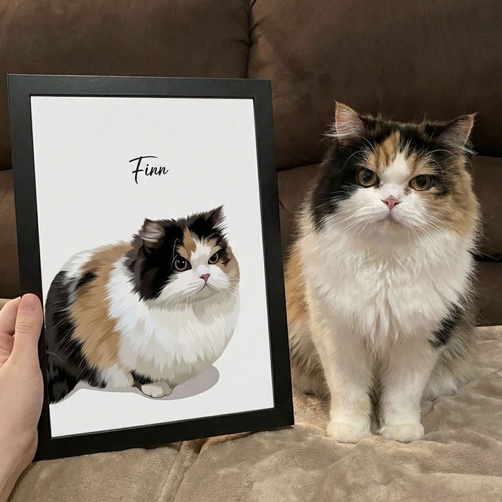 Modern style custom pet portrait black framed print displayed next to a fluffy Calico cat, featuring a personalized vector illustration of the cat on a white background.