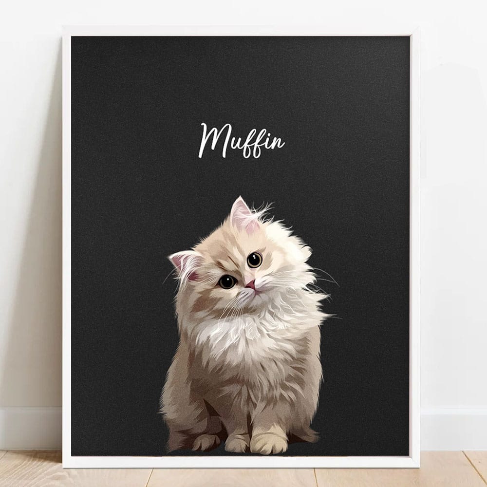 Modern style custom pet portrait of a fluffy cream-colored cat named 'Muffin' on a dark background.