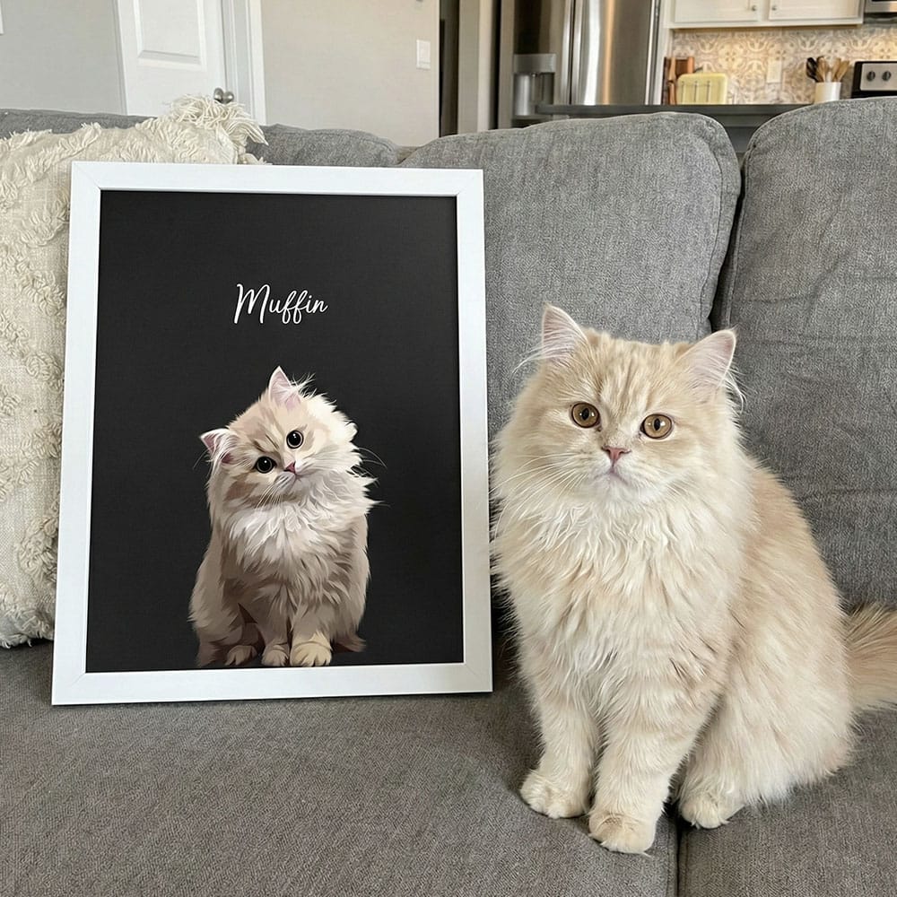Modern style custom pet portrait white framed print displayed next to a fluffy cream cat, featuring a personalized vector illustration of the cat on a black background.