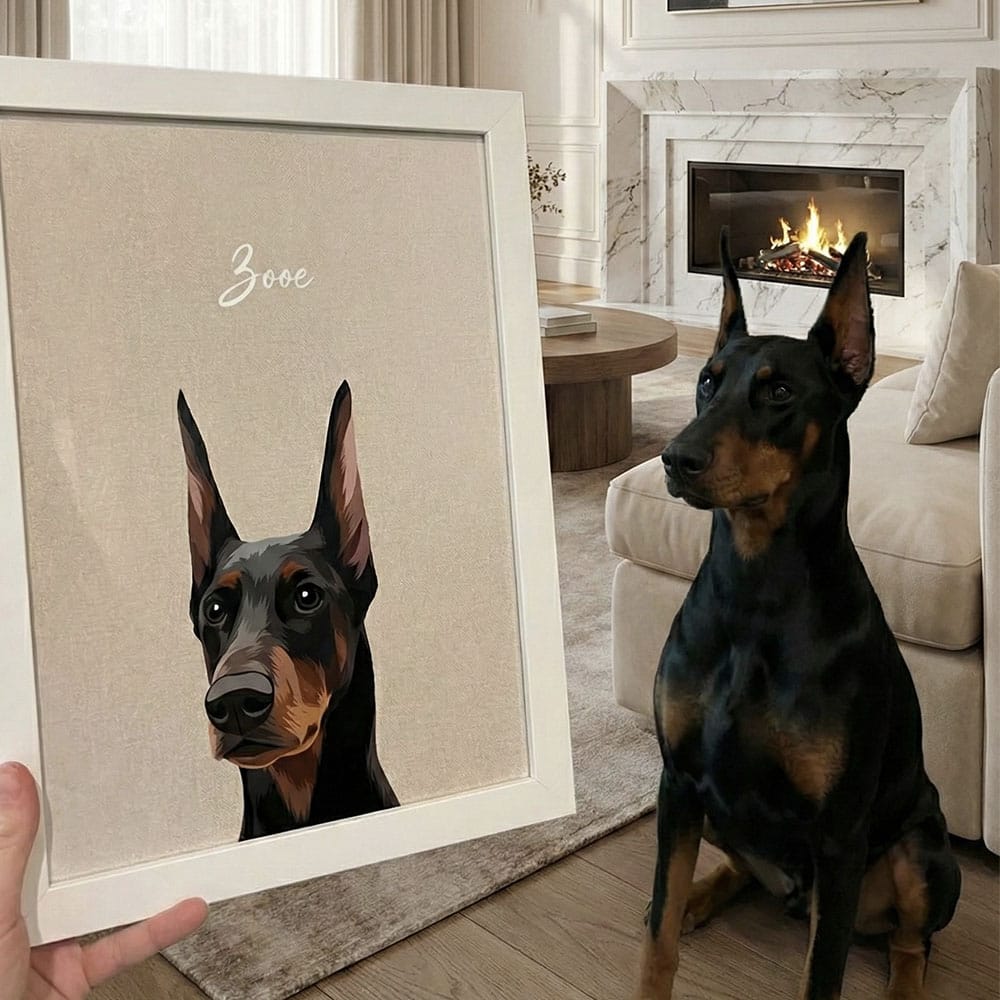 Modern style custom pet portrait in a white frame held next to a Doberman Pinscher, featuring a personalized vector illustration of the dog on a beige background with a cozy living room setting.