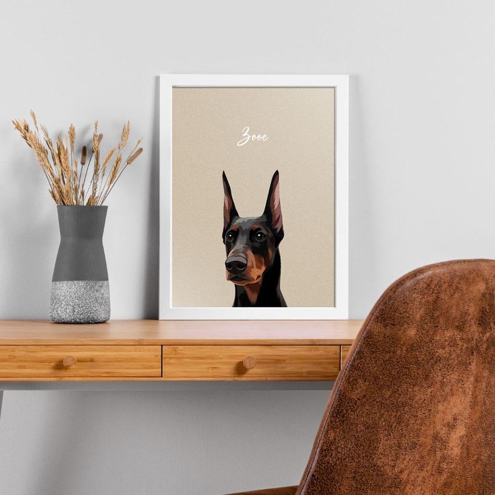 Modern style custom pet portrait featuring a digital illustration of a Doberman Pinscher.