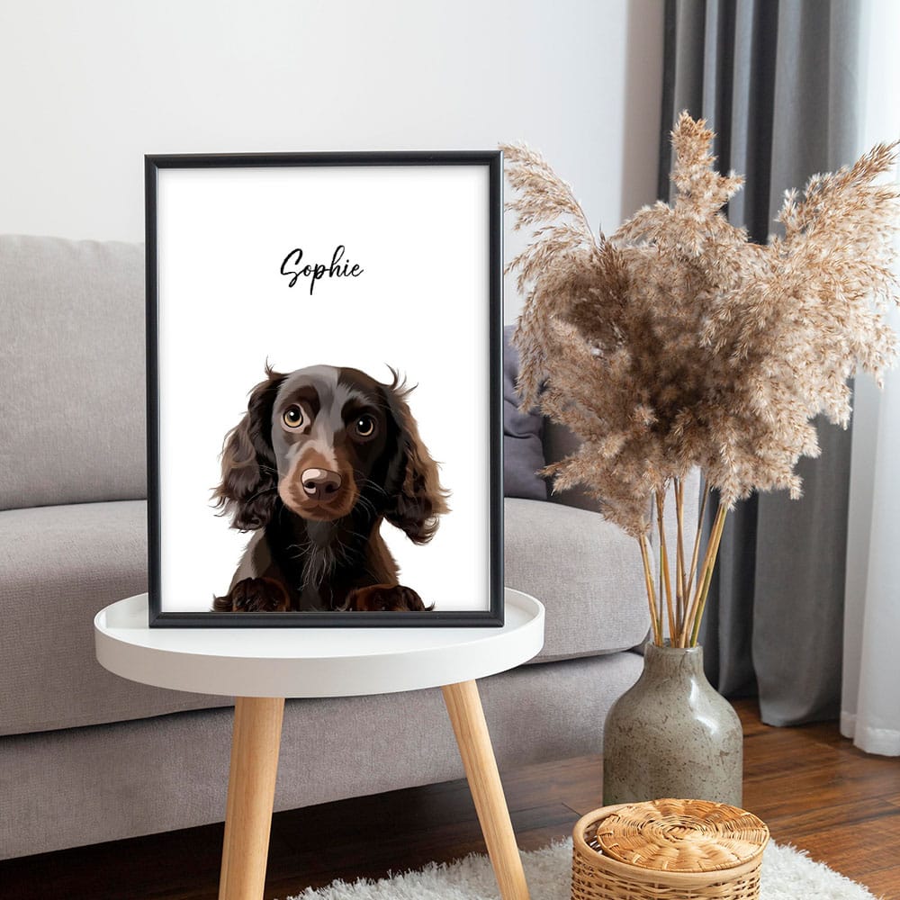 A framed modern style custom pet portrait featuring a digital illustration of a brown dog.