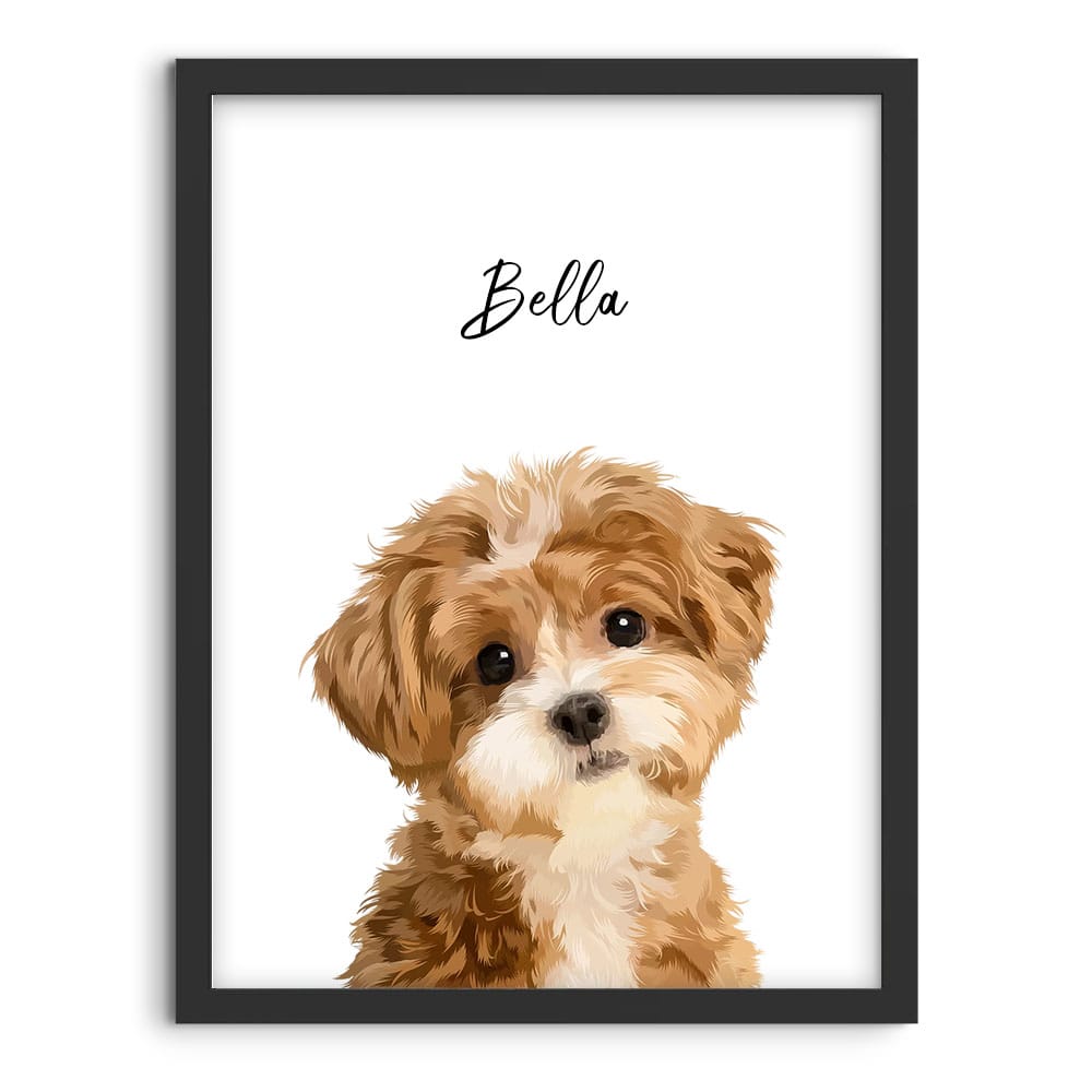 Modern style custom pet portrait featuring a digital illustration of a fluffy brown and white dog named 'Bella'.