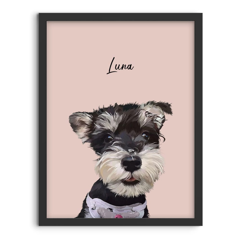 Modern style custom pet portrait of a black and silver Schnauzer puppy named 'Luna' on a pink background.
