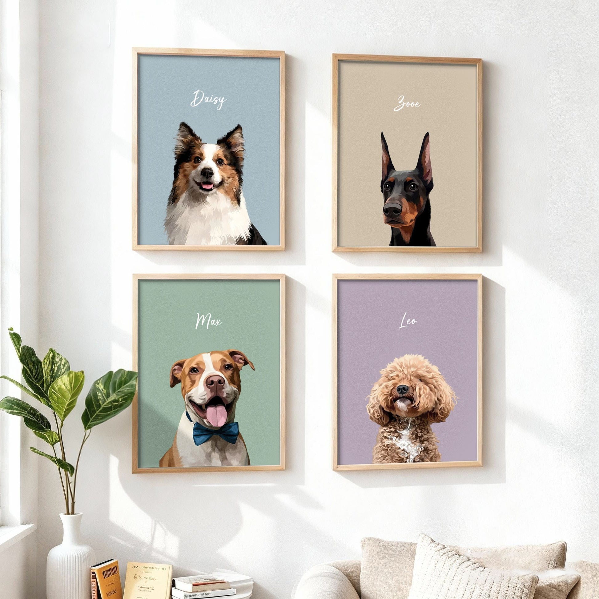 A wall display of four framed modern style custom pet portraits featuring different dogs.