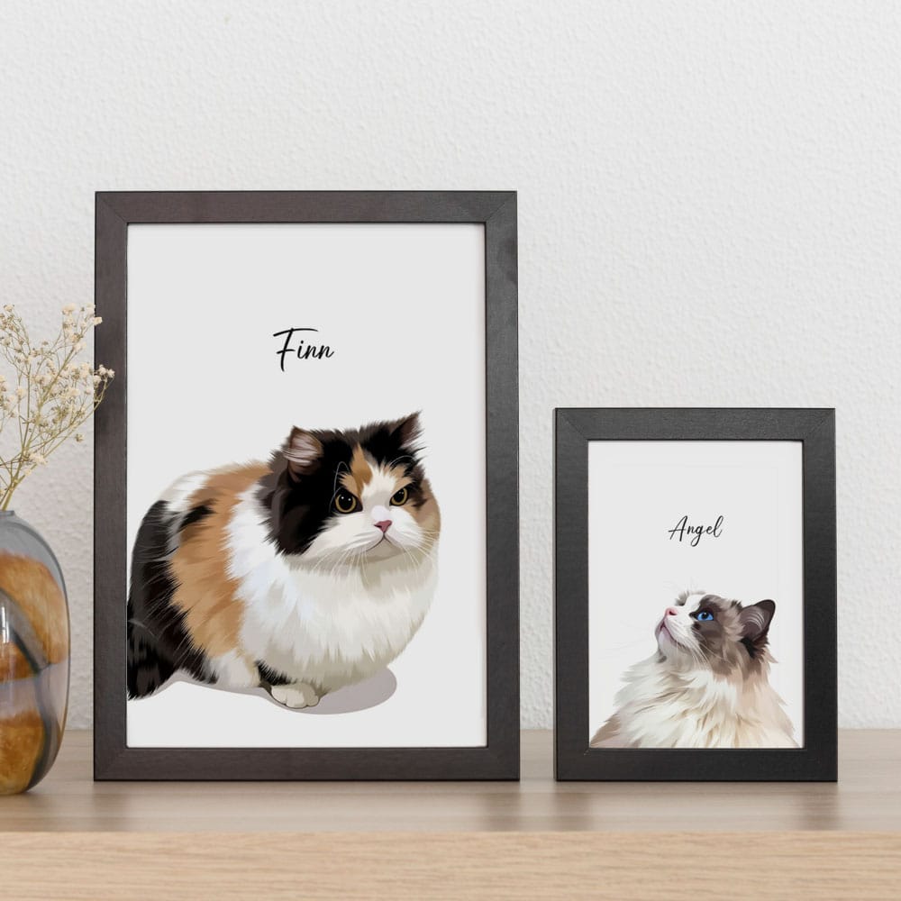 Two framed modern style custom pet portraits of cats.