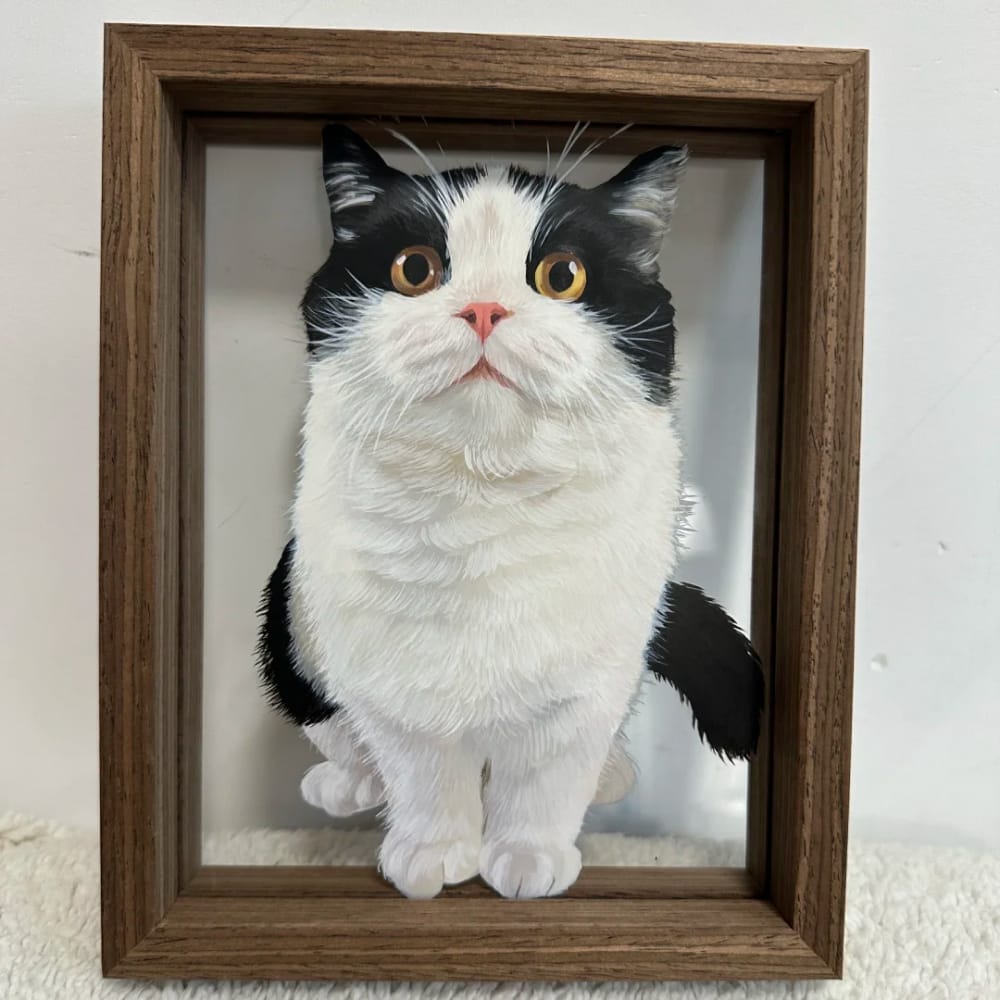 Personalized pet portrait on single-layer glass featuring a hand-painting of a black and white cat.