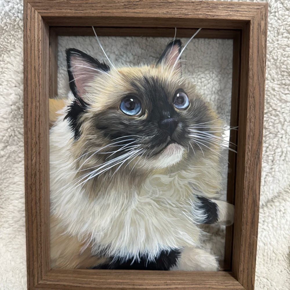Personalized pet portrait on single-layer glass featuring a realistic hand-painting of a fluffy Ragdoll cat with blue eyes.